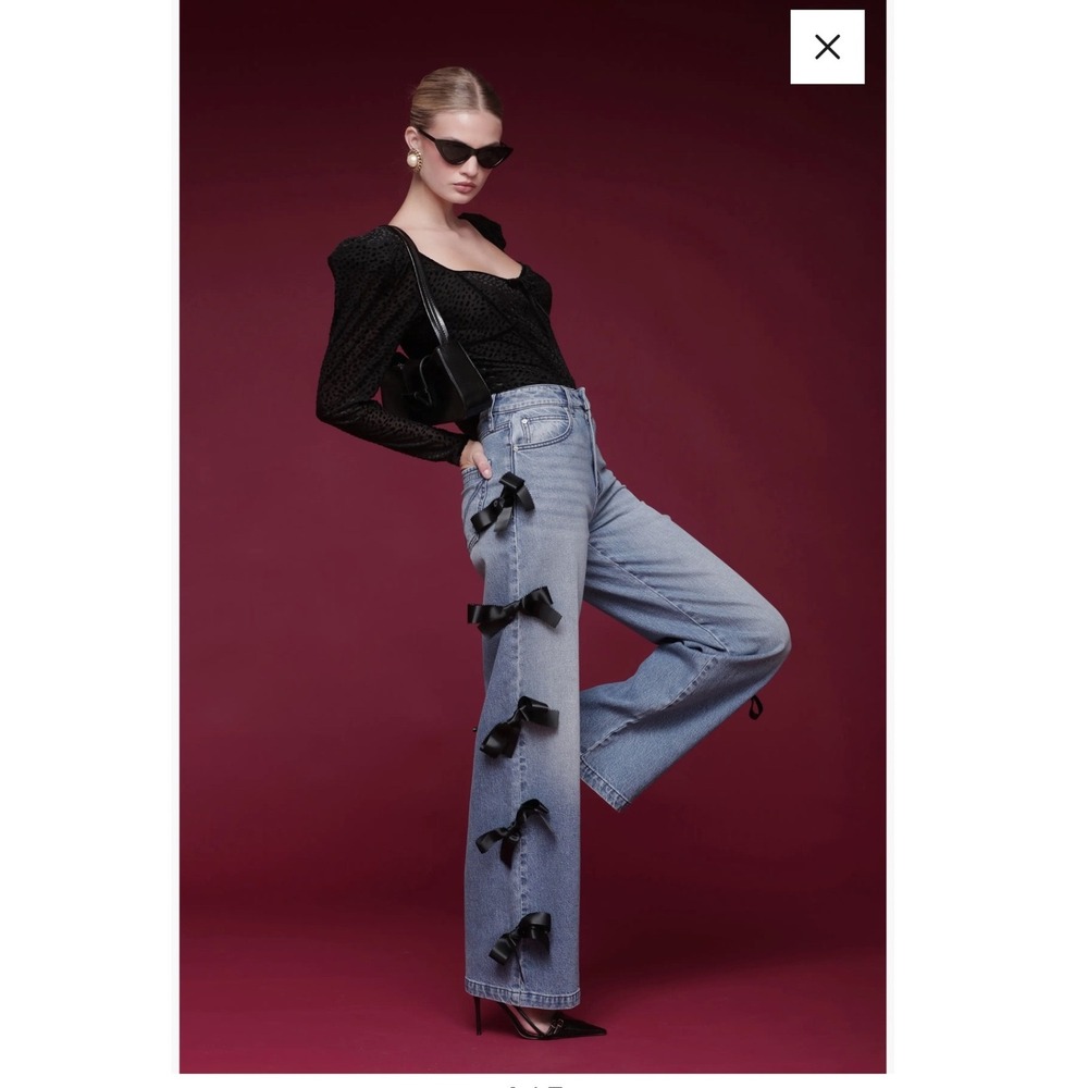 Avec Les Filles High Rise Wide Leg Jeans Light Wash Black Side Bows Size 26